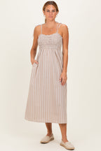 Mocha Striped Smocked Shoulder Tie Midi Dress