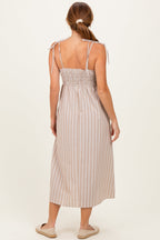 Mocha Striped Smocked Shoulder Tie Midi Dress