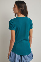 Teal Ribbed Short Sleeve Curved Hem Top