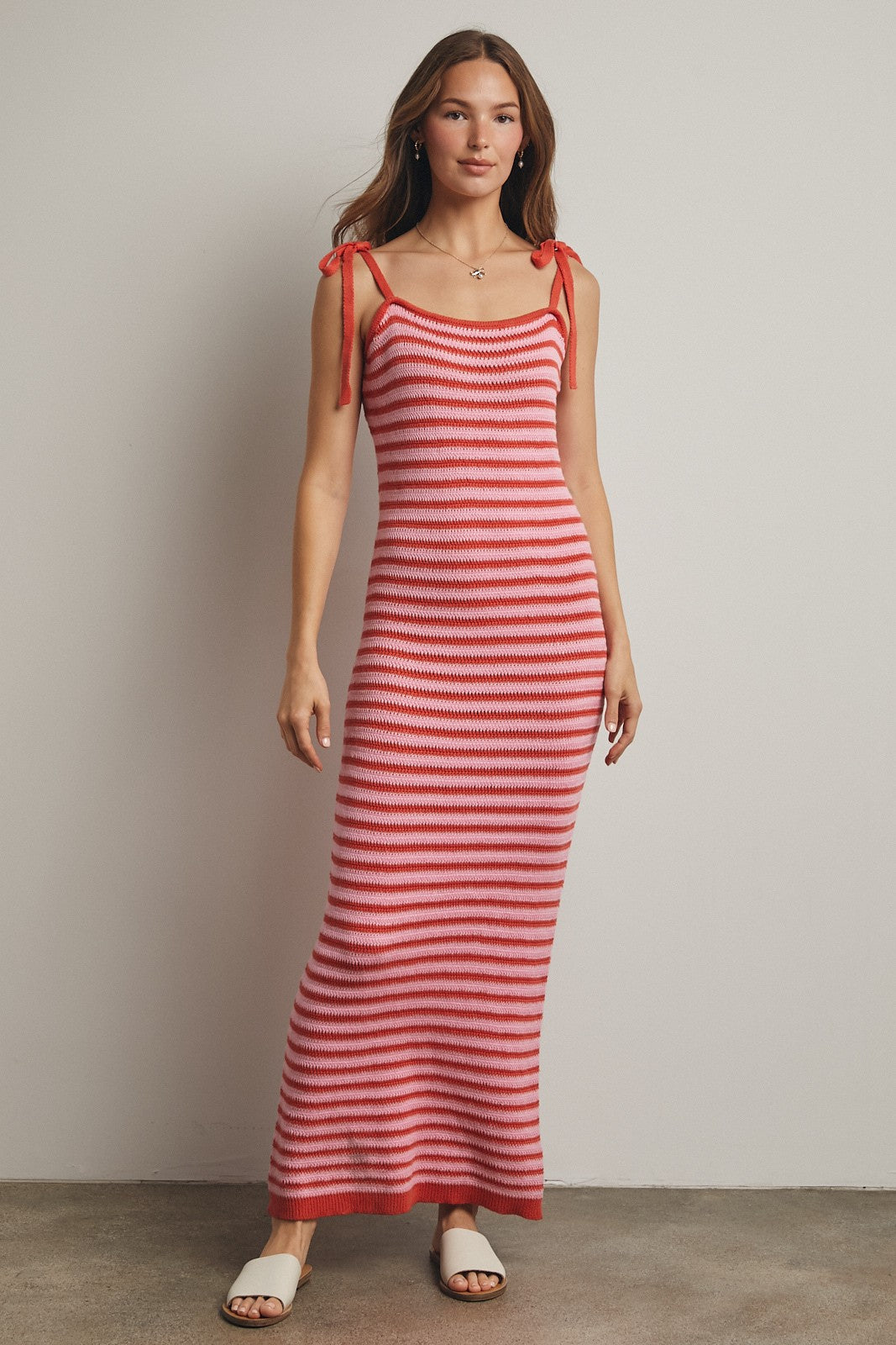 Pink Striped Knit Shoulder Tie Maxi Dress