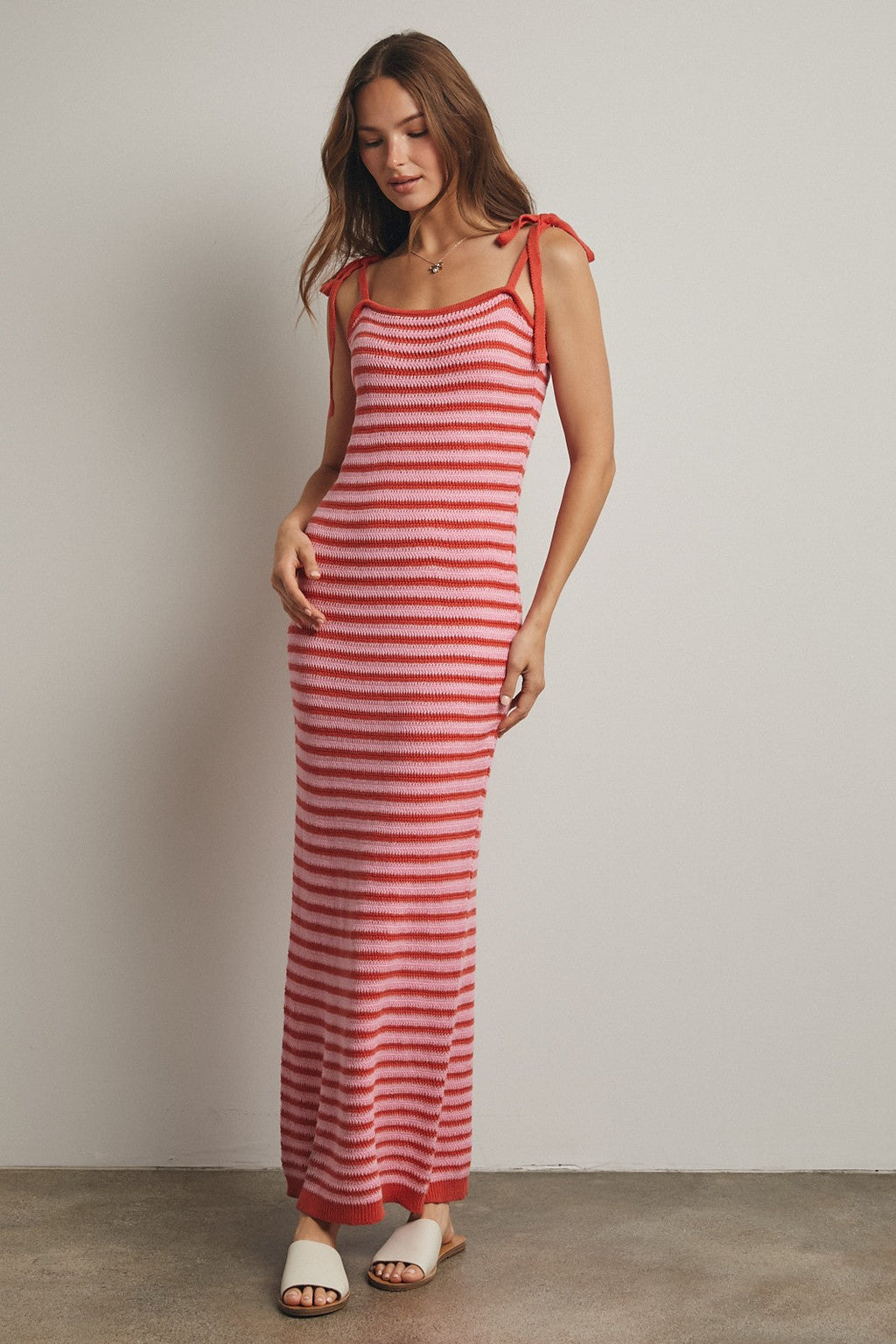 Pink Striped Knit Shoulder Tie Maxi Dress