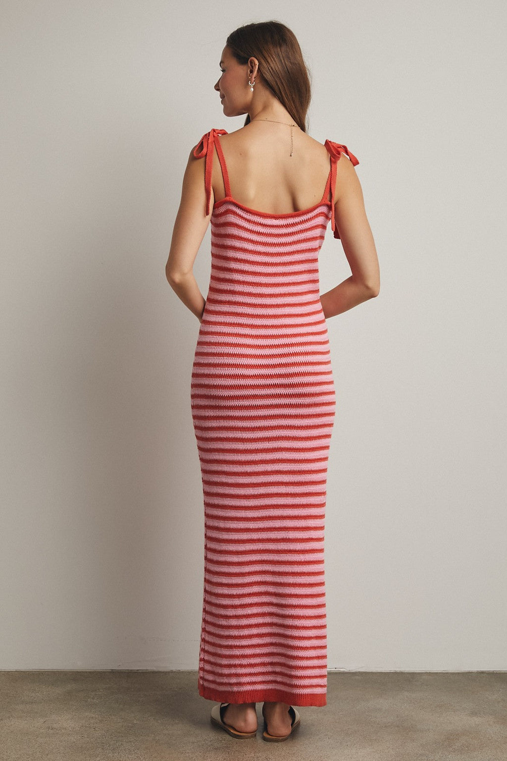 Pink Striped Knit Shoulder Tie Maxi Dress