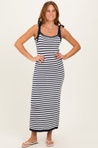 Navy Striped Knit Shoulder Tie Maxi Dress