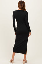 Black Boat Neck Fitted Long Sleeve Side Slit Maxi