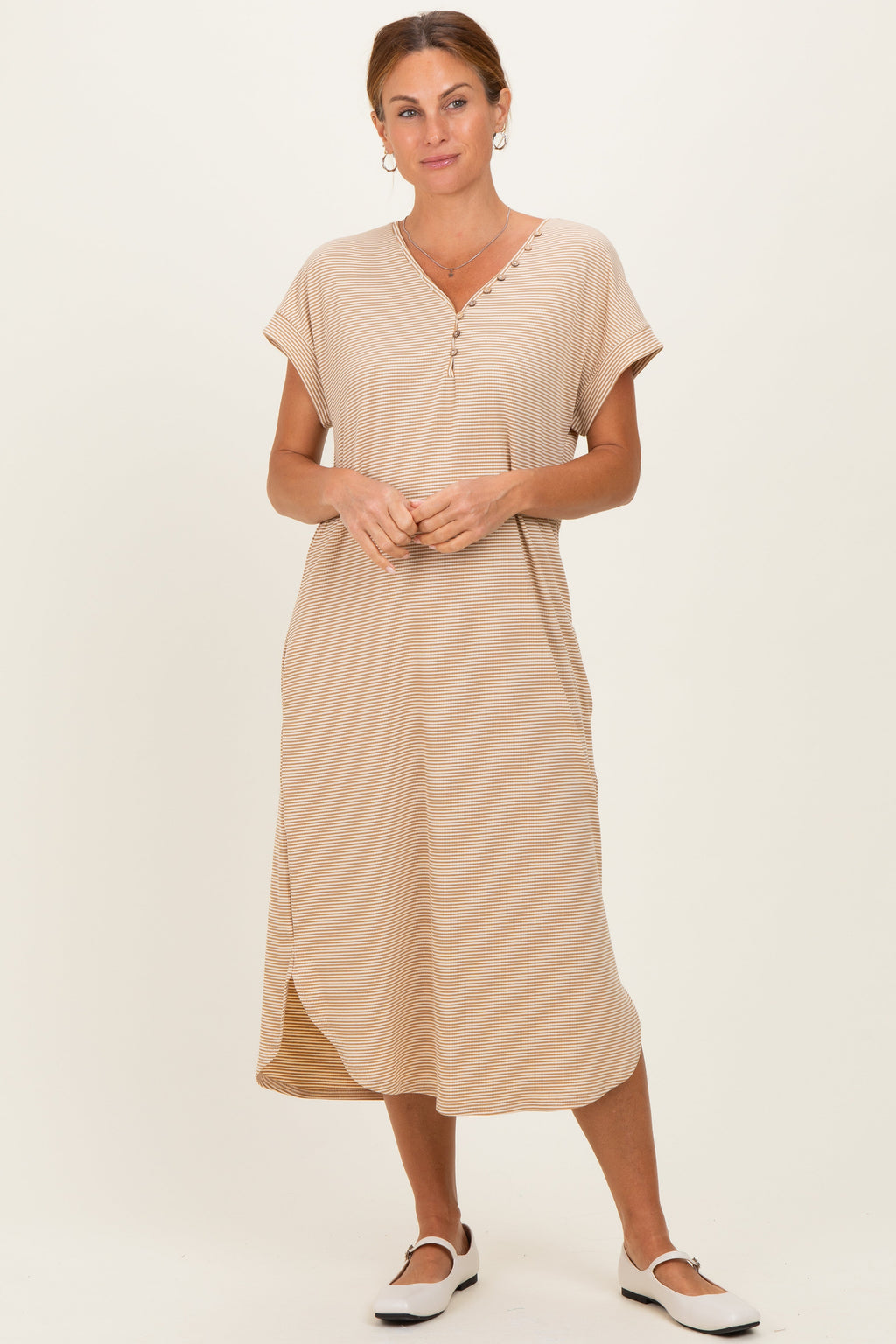 Camel Striped Button Detail Midi Dress