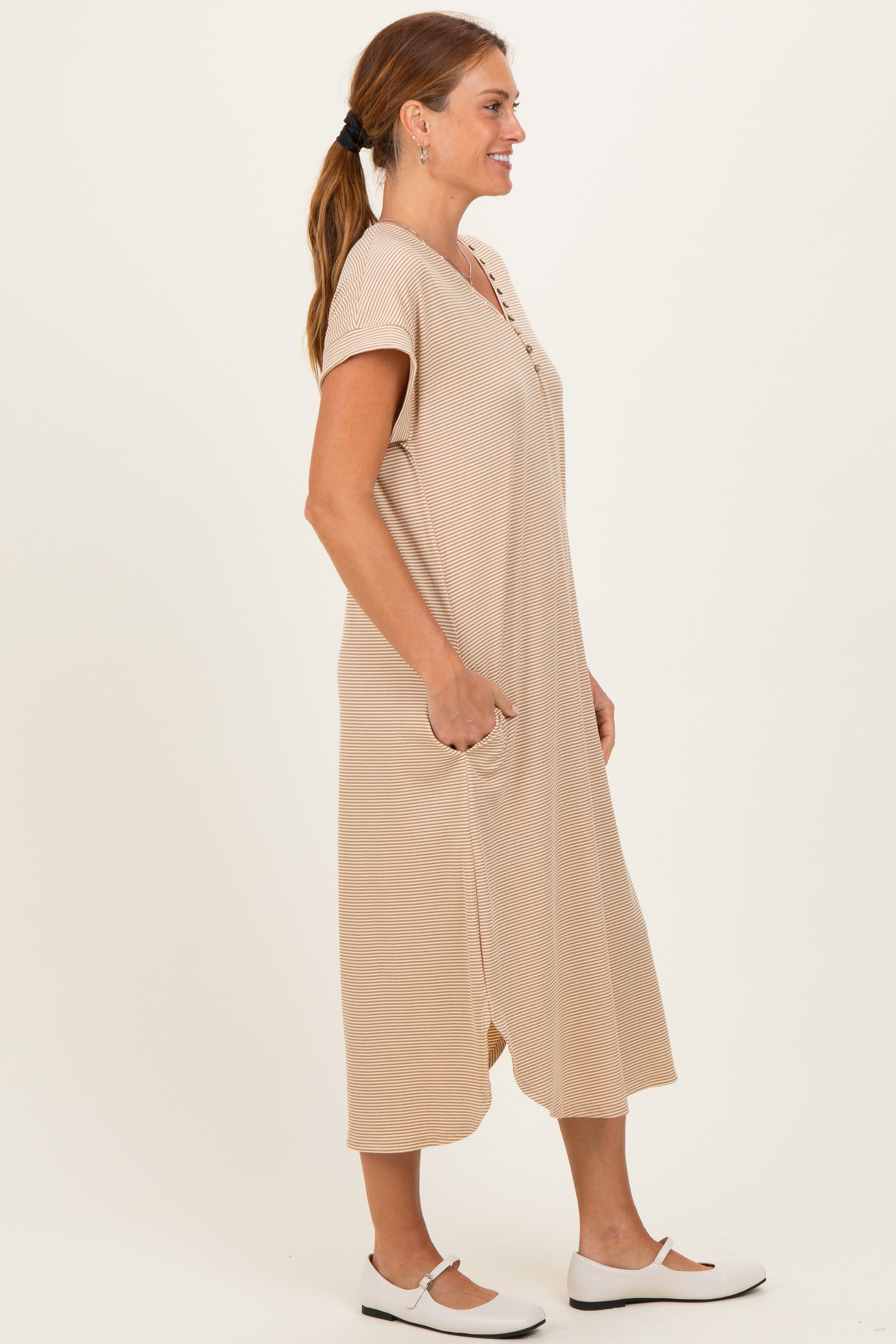 Camel Striped Button Detail Midi Dress