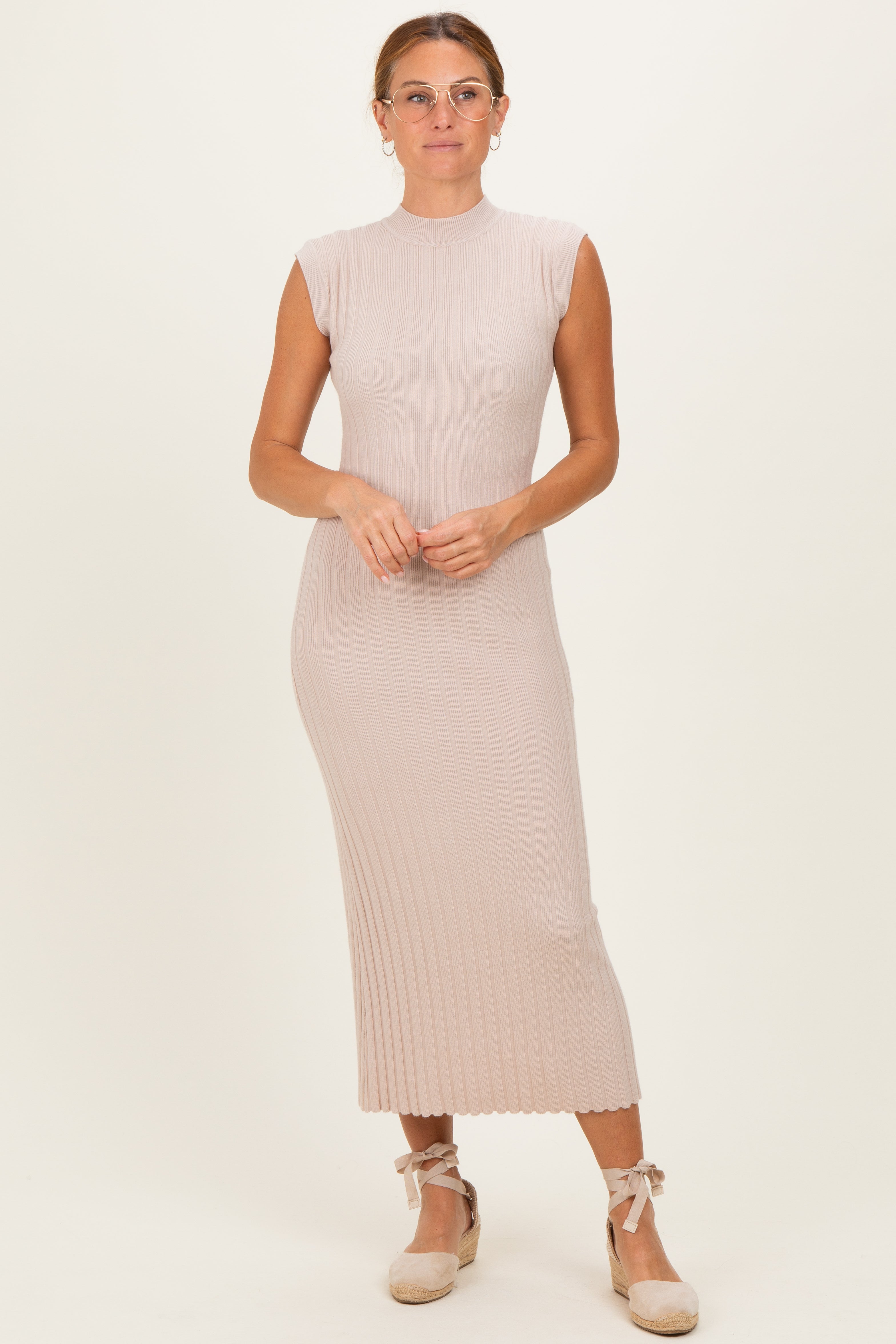 Sand Ribbed Knit Mock Neck Maxi Dress
