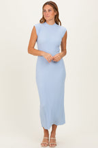 Sky Blue Ribbed Knit Mock Neck Maxi Dress