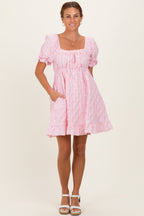 Pink Textured Puff Sleeve Dress