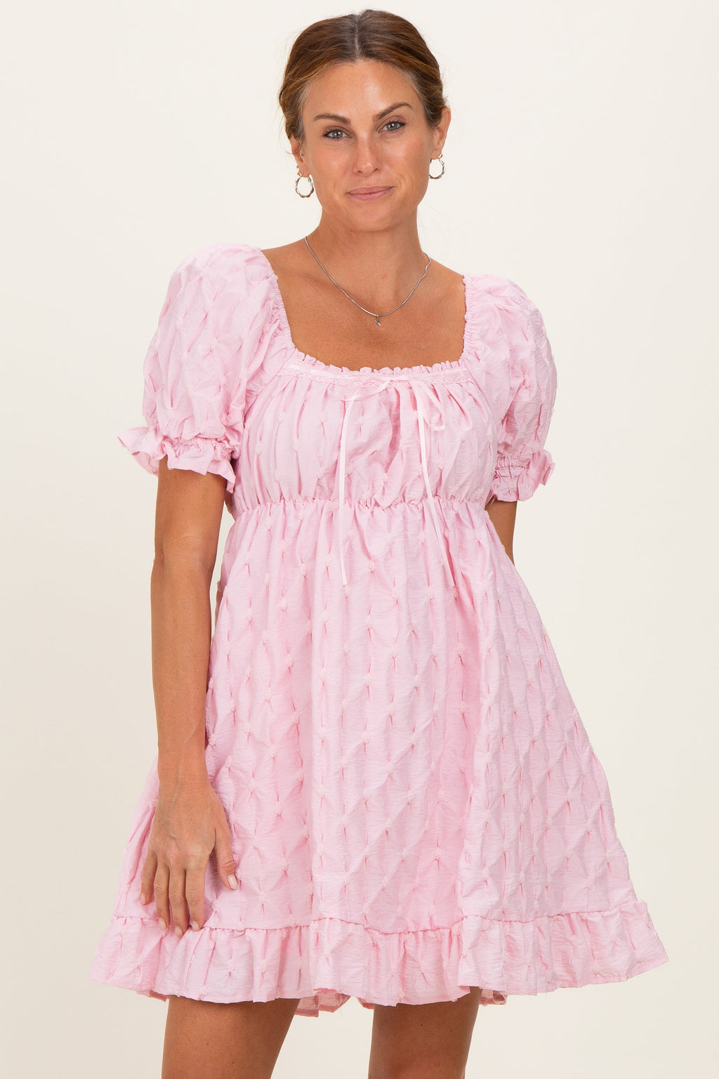 Pink Textured Puff Sleeve Dress