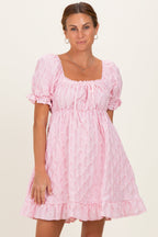Pink Textured Puff Sleeve Dress
