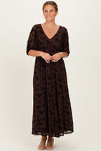 Brown Floral Mesh 3/4 Sleeve V-Neck Maxi Dress
