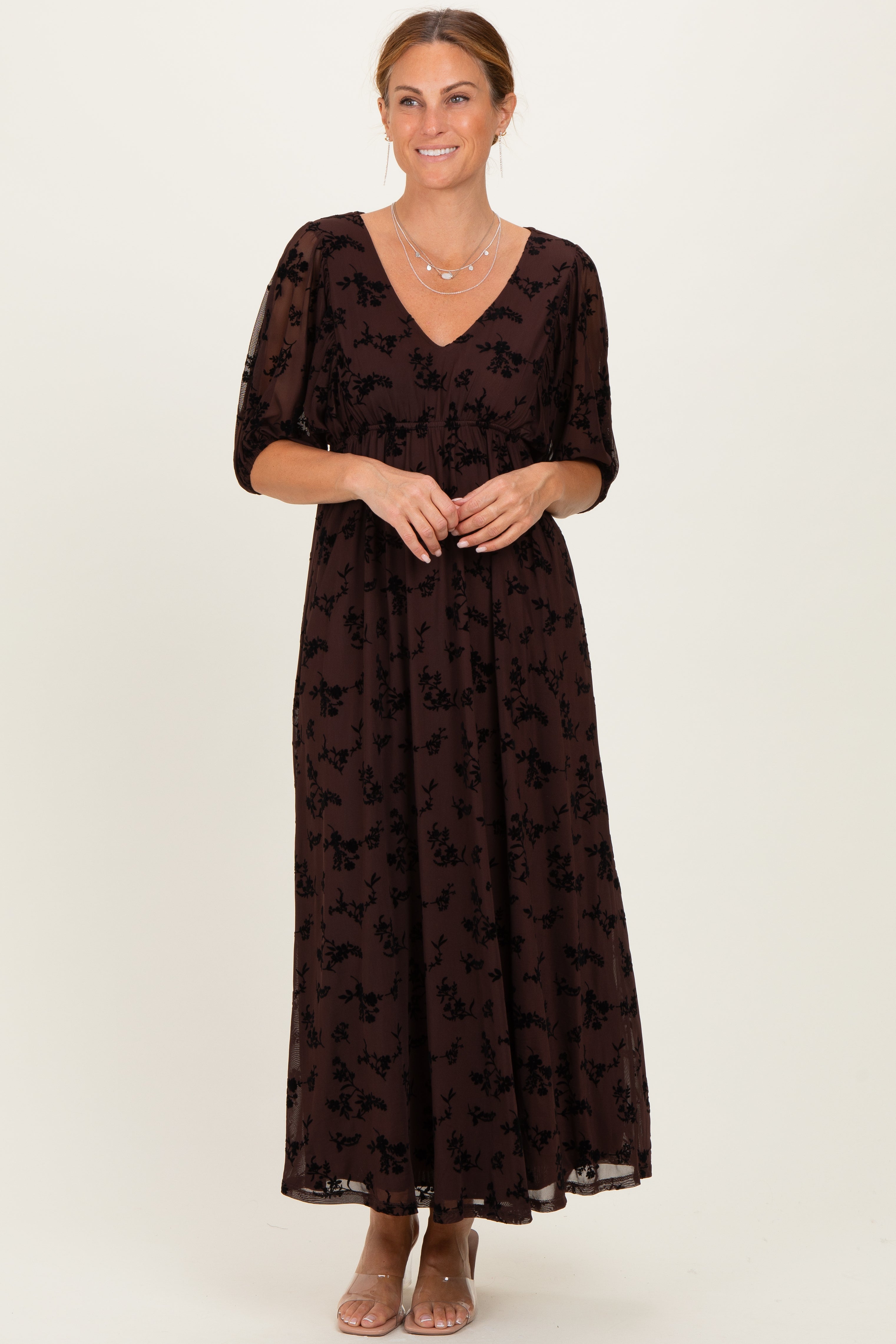 Brown Floral Mesh 3/4 Sleeve V-Neck Maxi Dress