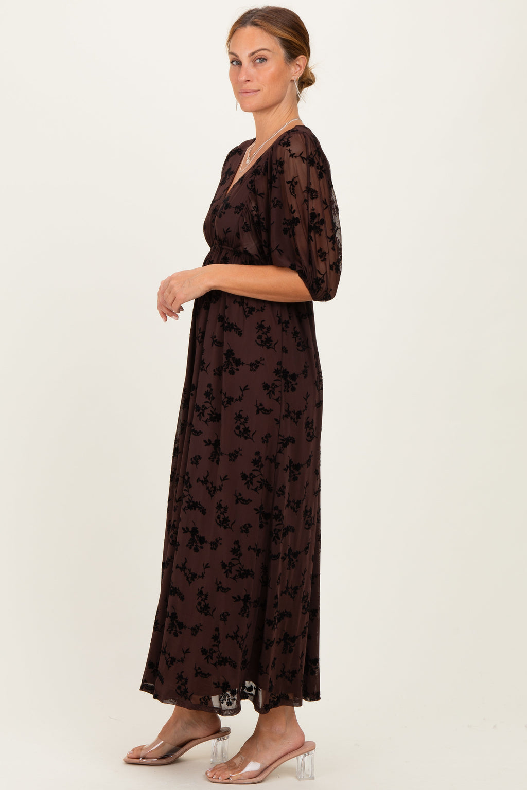 Brown Floral Mesh 3/4 Sleeve V-Neck Maxi Dress