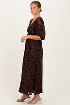 Brown Floral Mesh 3/4 Sleeve V-Neck Maxi Dress