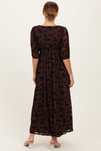 Brown Floral Mesh 3/4 Sleeve V-Neck Maxi Dress