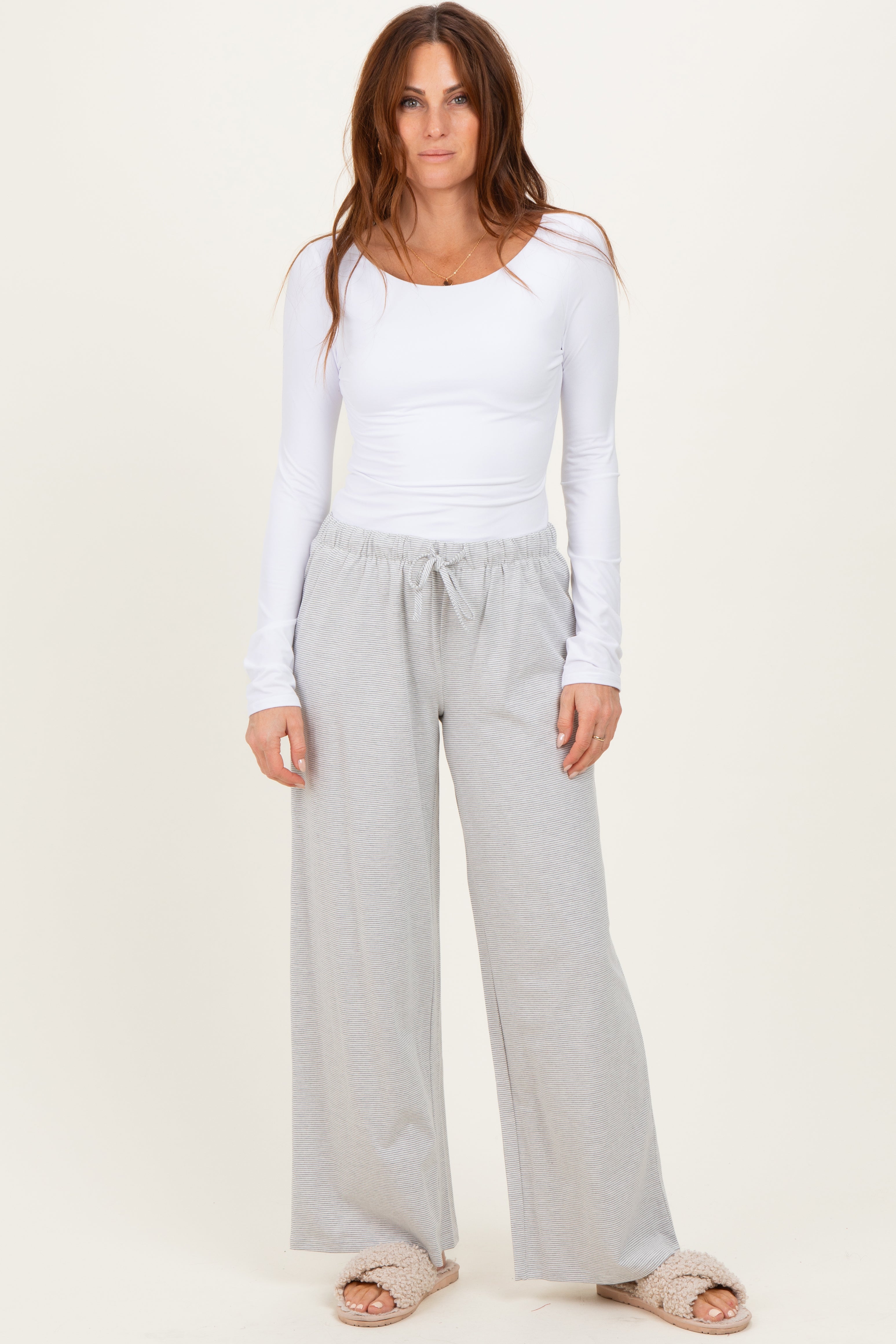 Heather Grey Striped Front Tie Lounge Pants