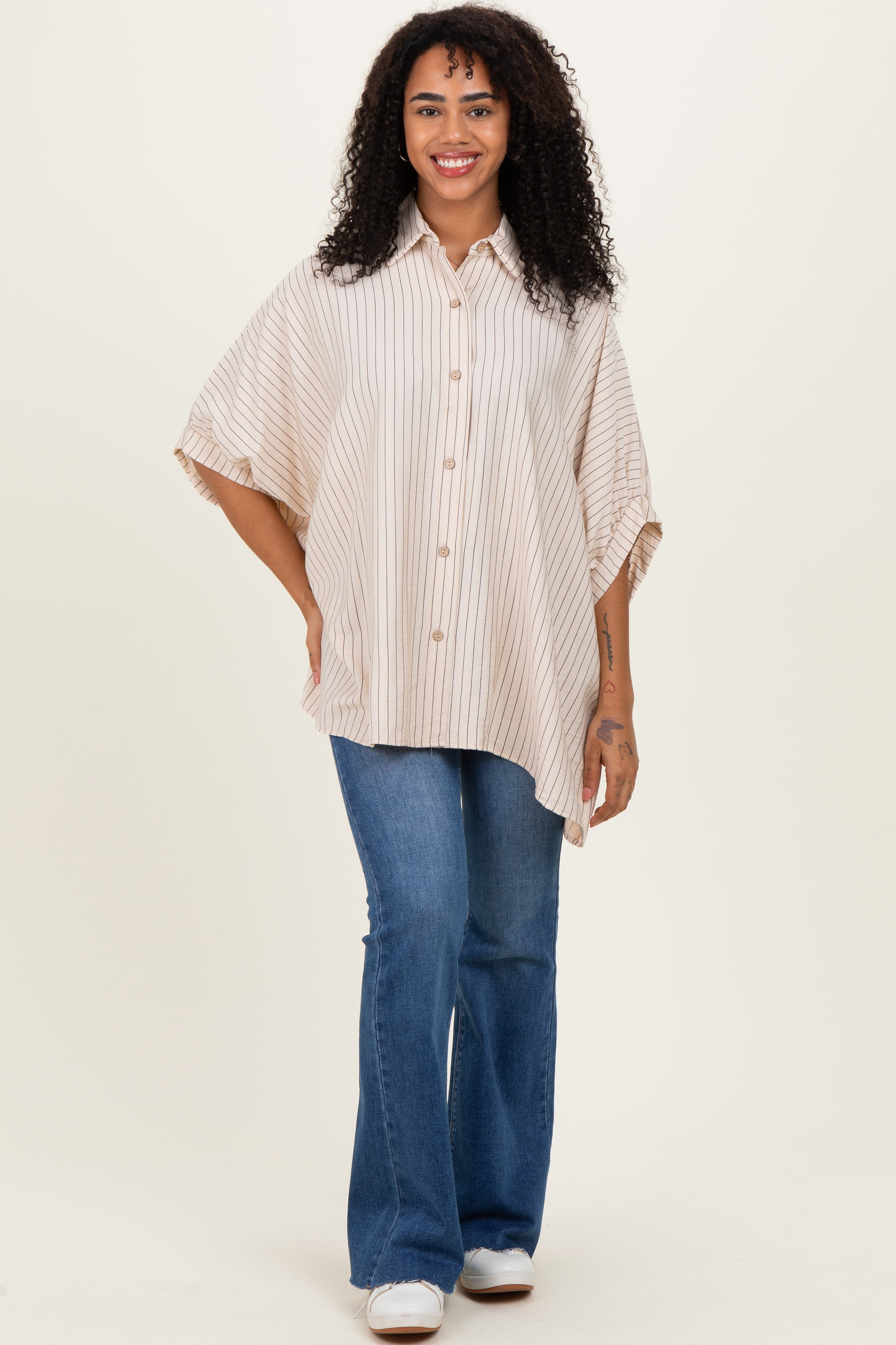 Cream/Black Striped Short Sleeve Collared Button Down Blouse