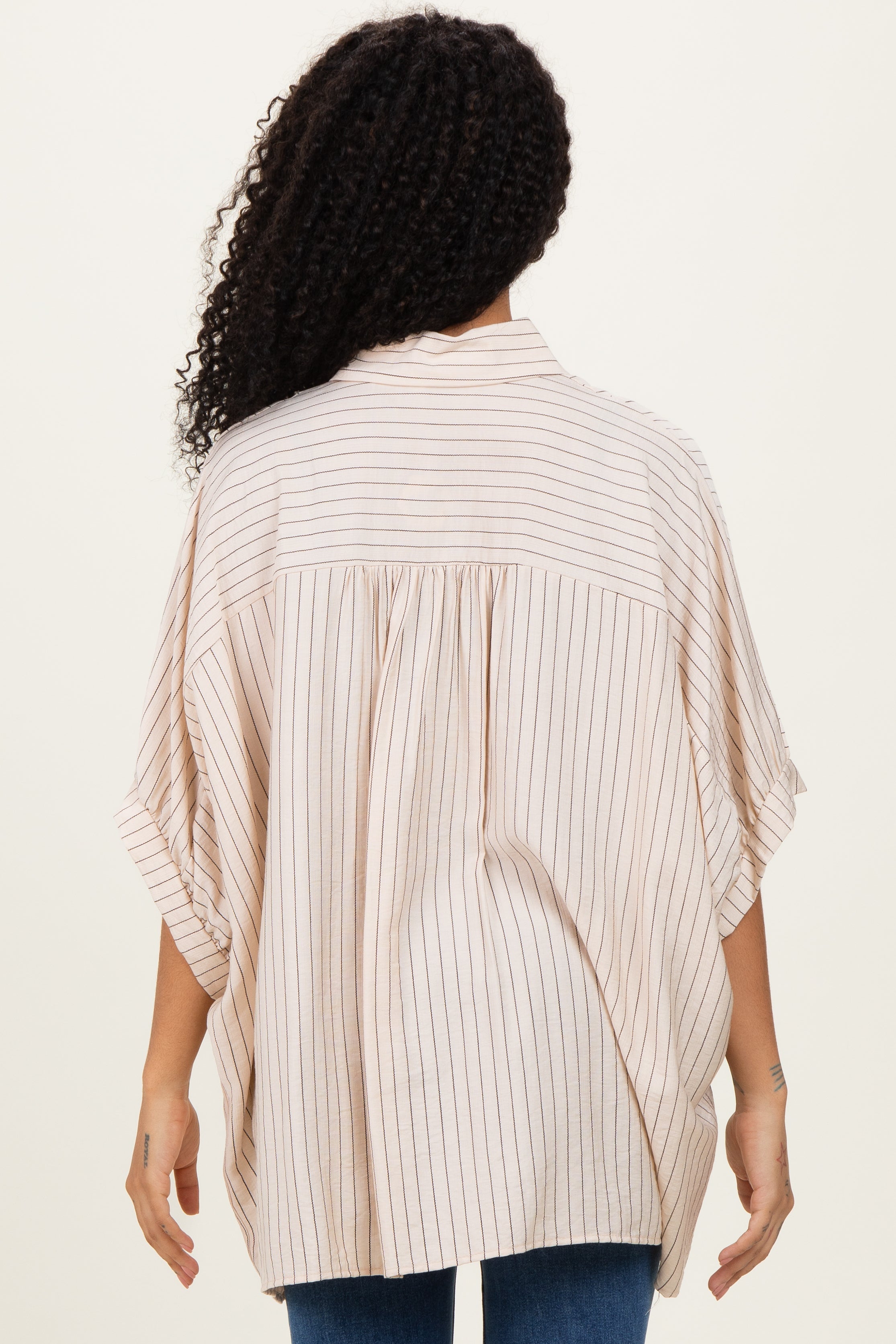 Cream/Black Striped Short Sleeve Collared Button Down Blouse