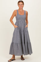 Black Gingham Smocked Bodice Maxi Dress