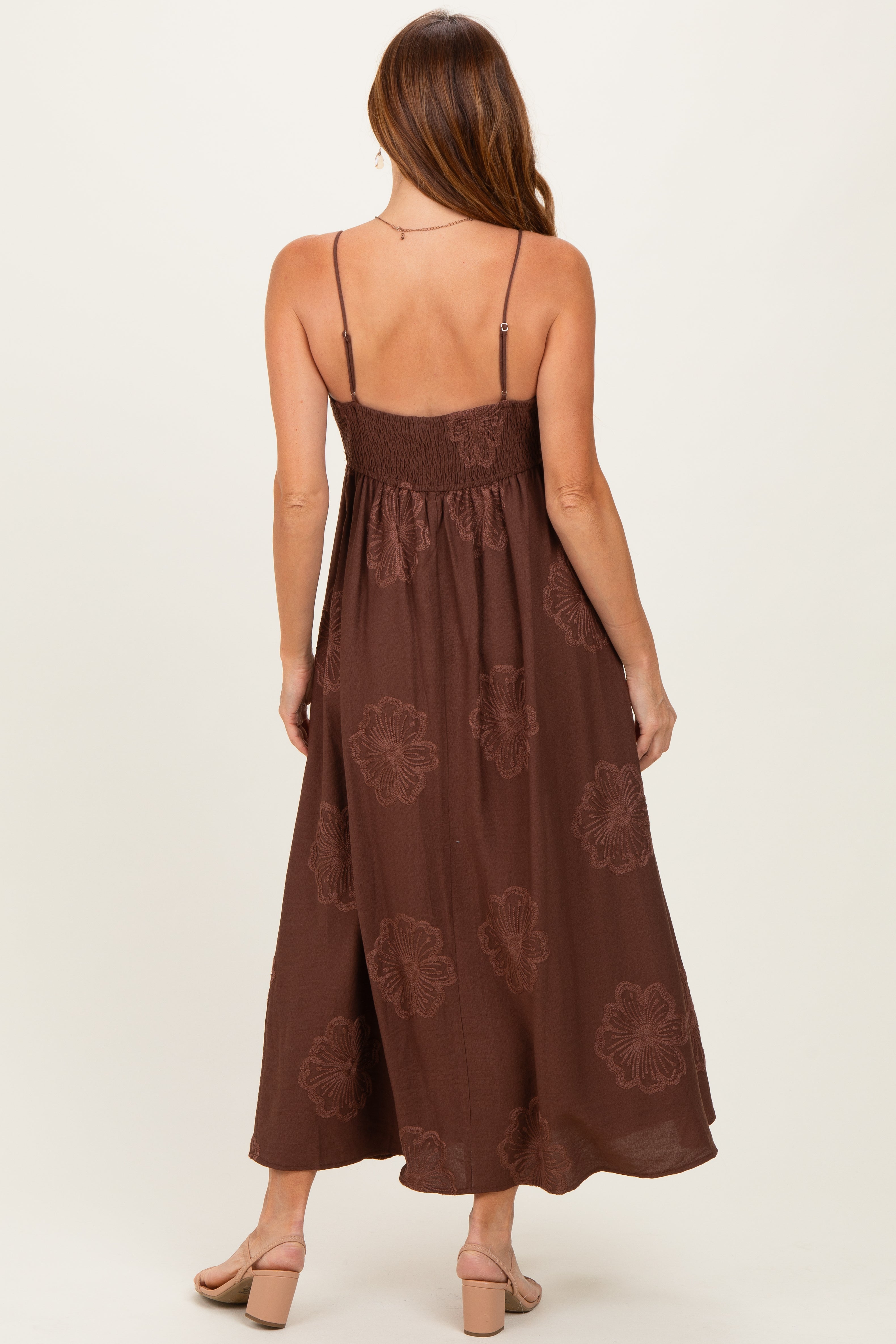 Mocha Flower Embroidered Midi Dress
