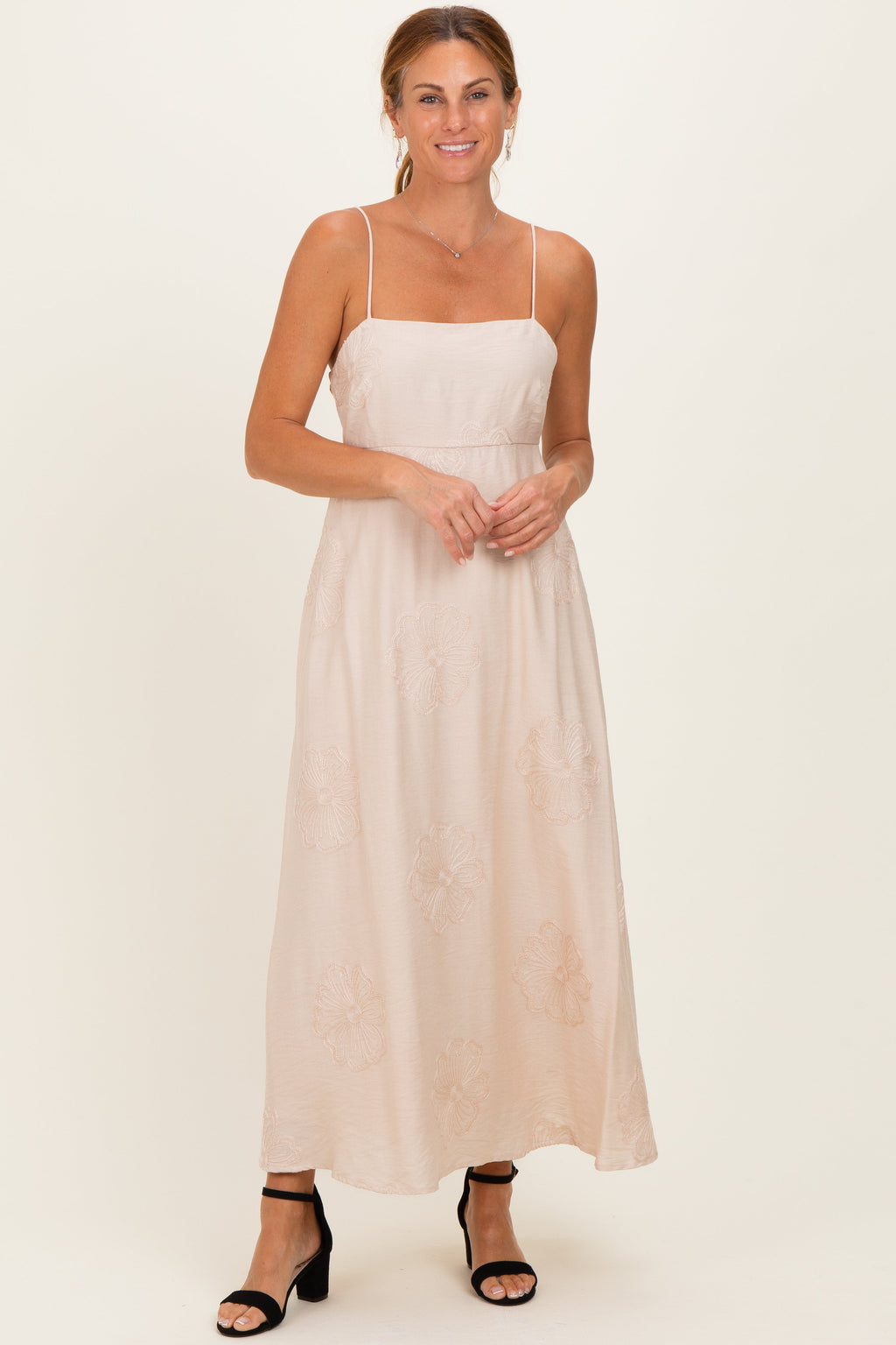 Beige Flower Embroidered Midi Dress