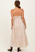 Beige Flower Embroidered Midi Dress