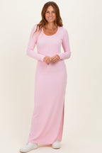 Light Pink Ribbed Long Sleeve Side Slit Maxi Dress