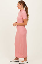 Pink Ribbed Mock Neck Short Sleeve Midi Dress