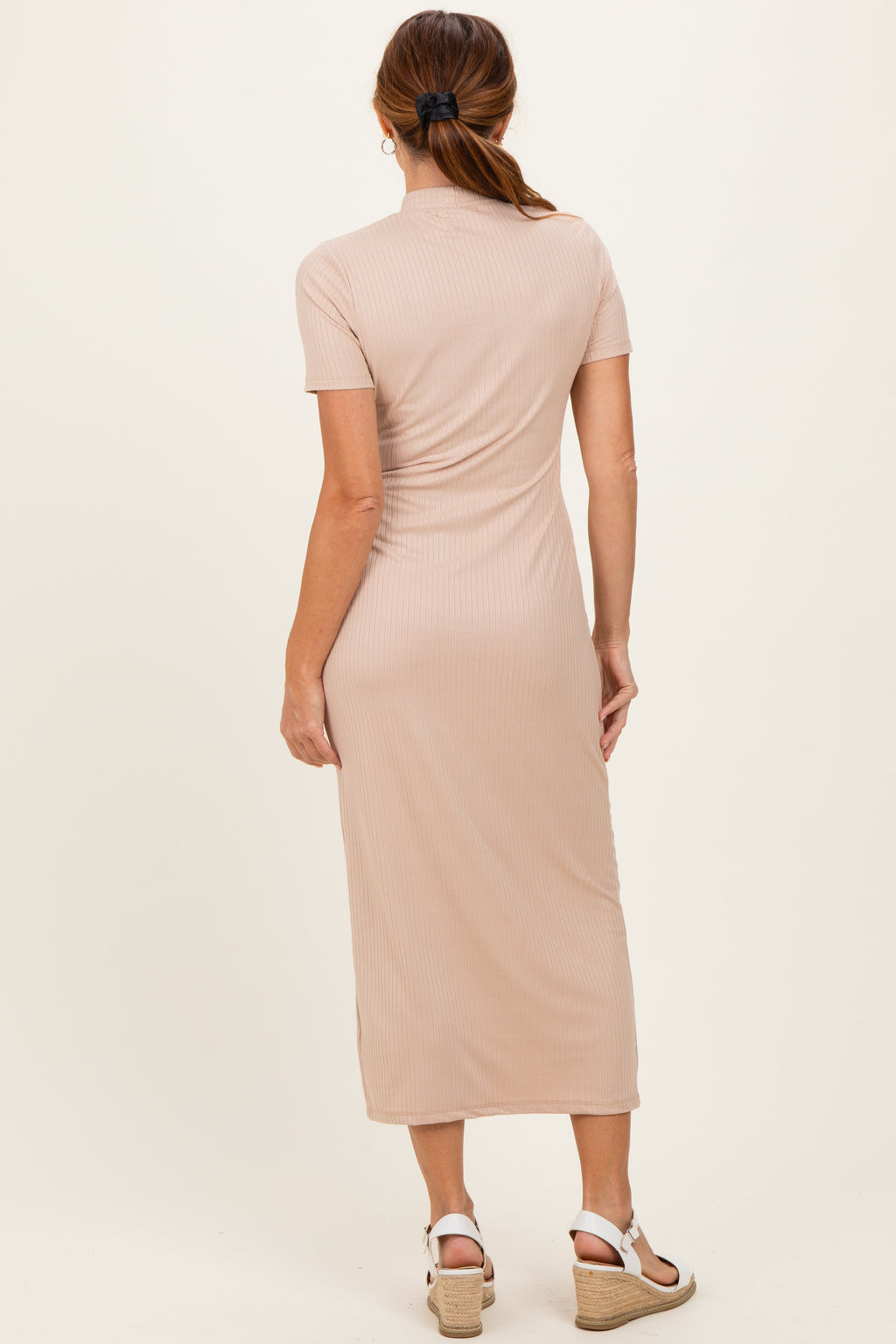 Taupe Ribbed Mock Neck Short Sleeve Midi Dress