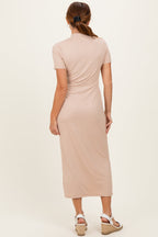 Taupe Ribbed Mock Neck Short Sleeve Midi Dress
