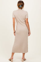 Oatmeal Ribbed Knit Tie Neck Midi Dress