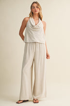 Oatmeal Pinstripe Drawstring Linen Pants