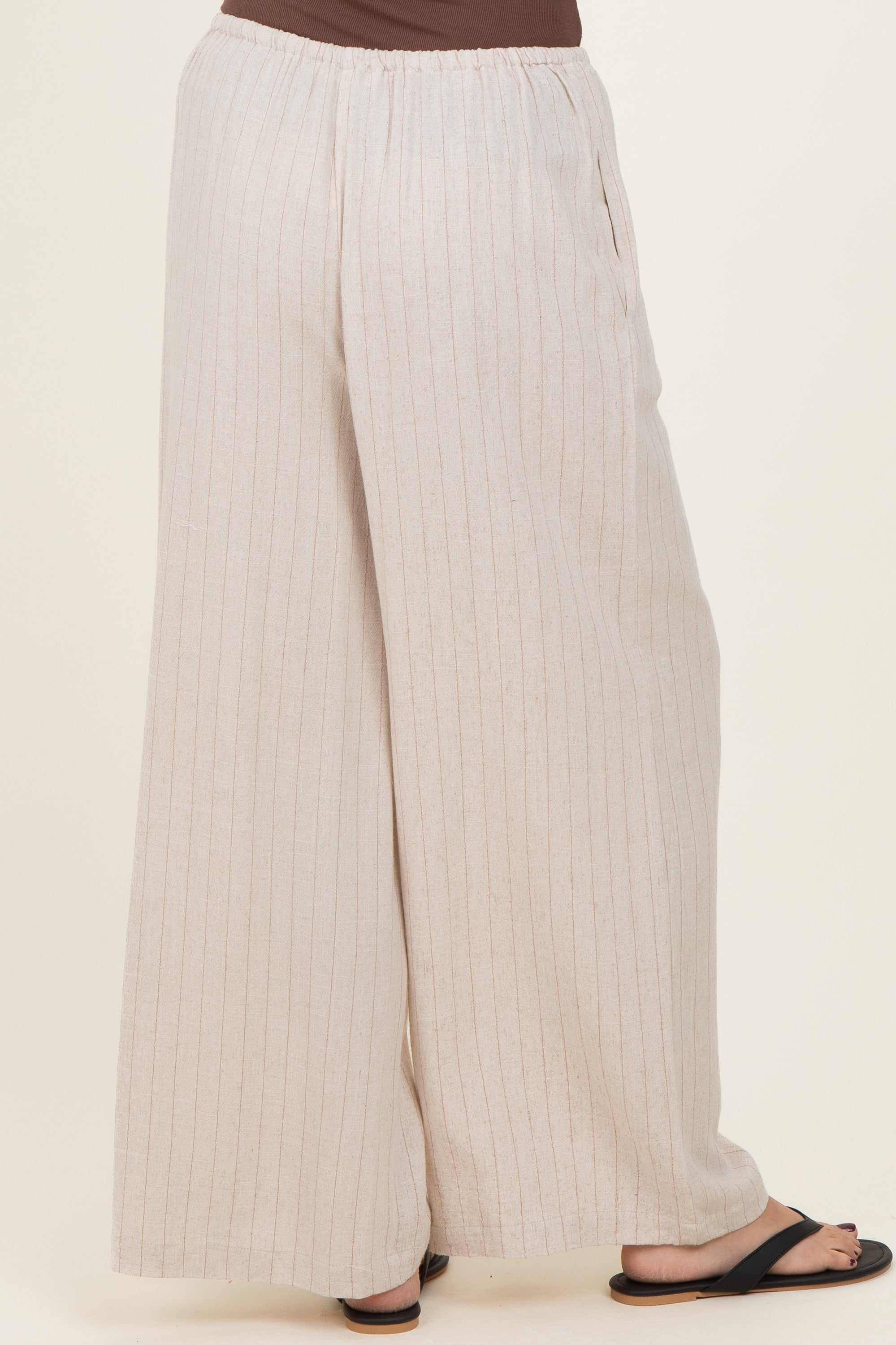 Oatmeal Pinstripe Drawstring Linen Pants