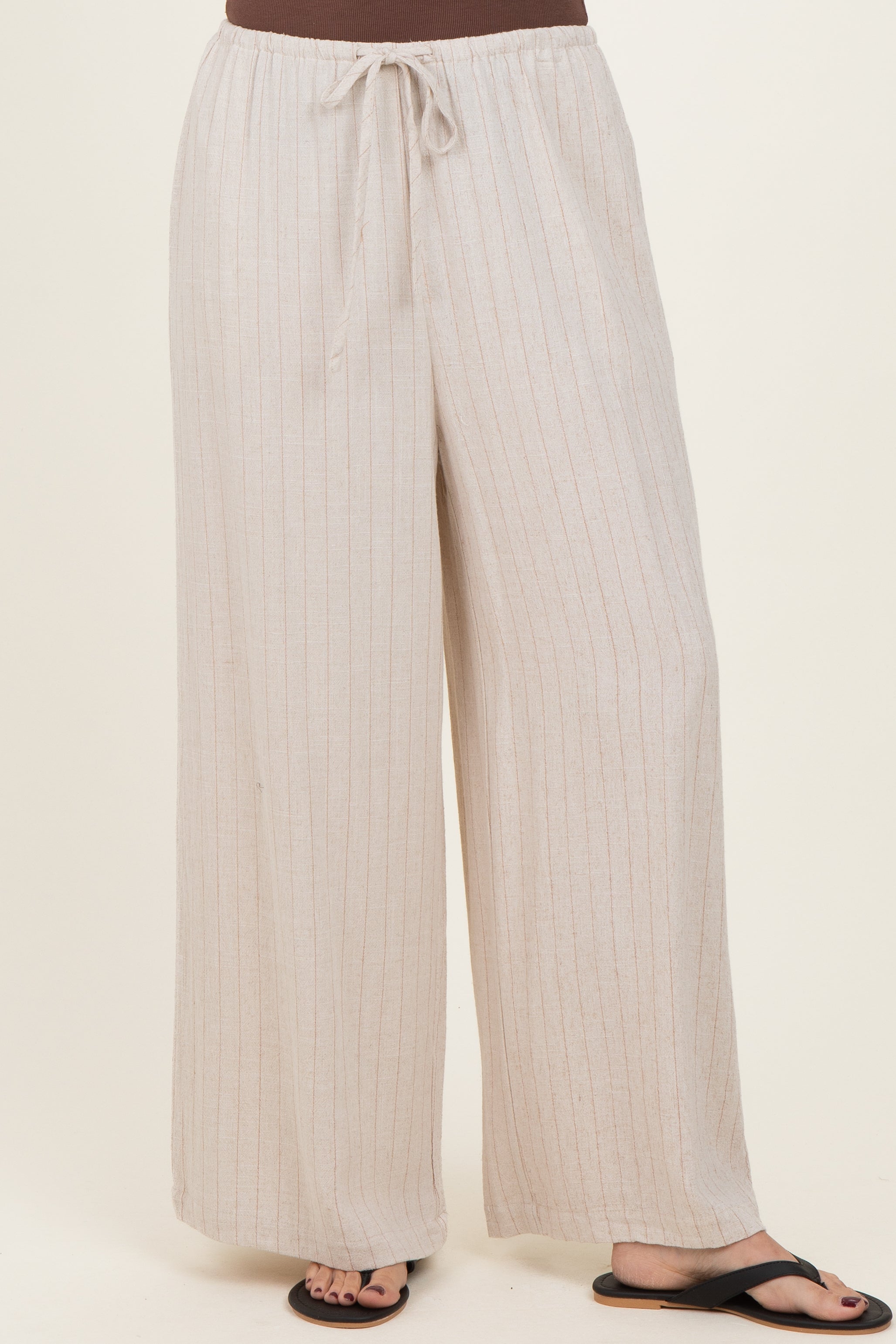 Oatmeal Pinstripe Drawstring Linen Pants