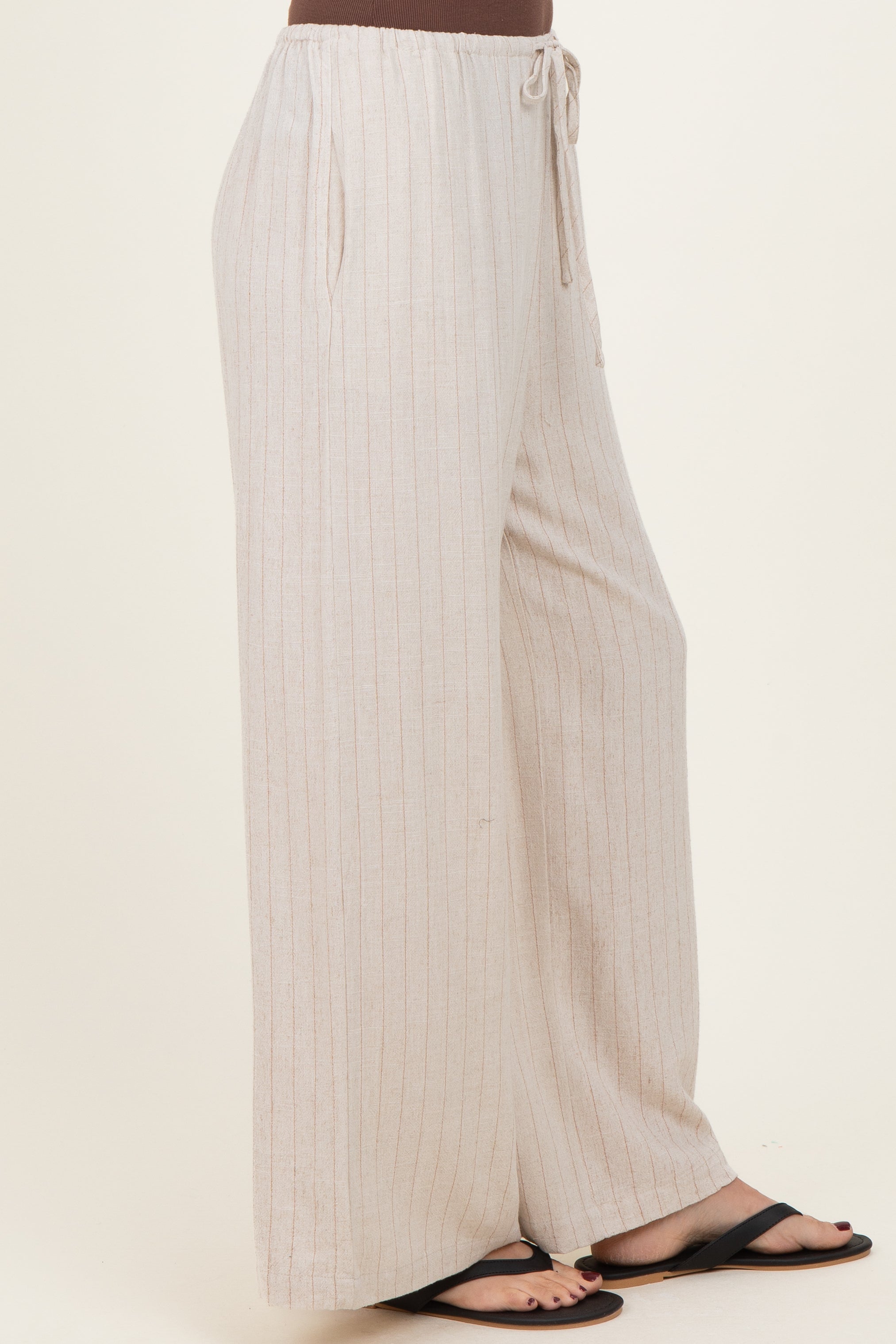 Oatmeal Pinstripe Drawstring Linen Pants