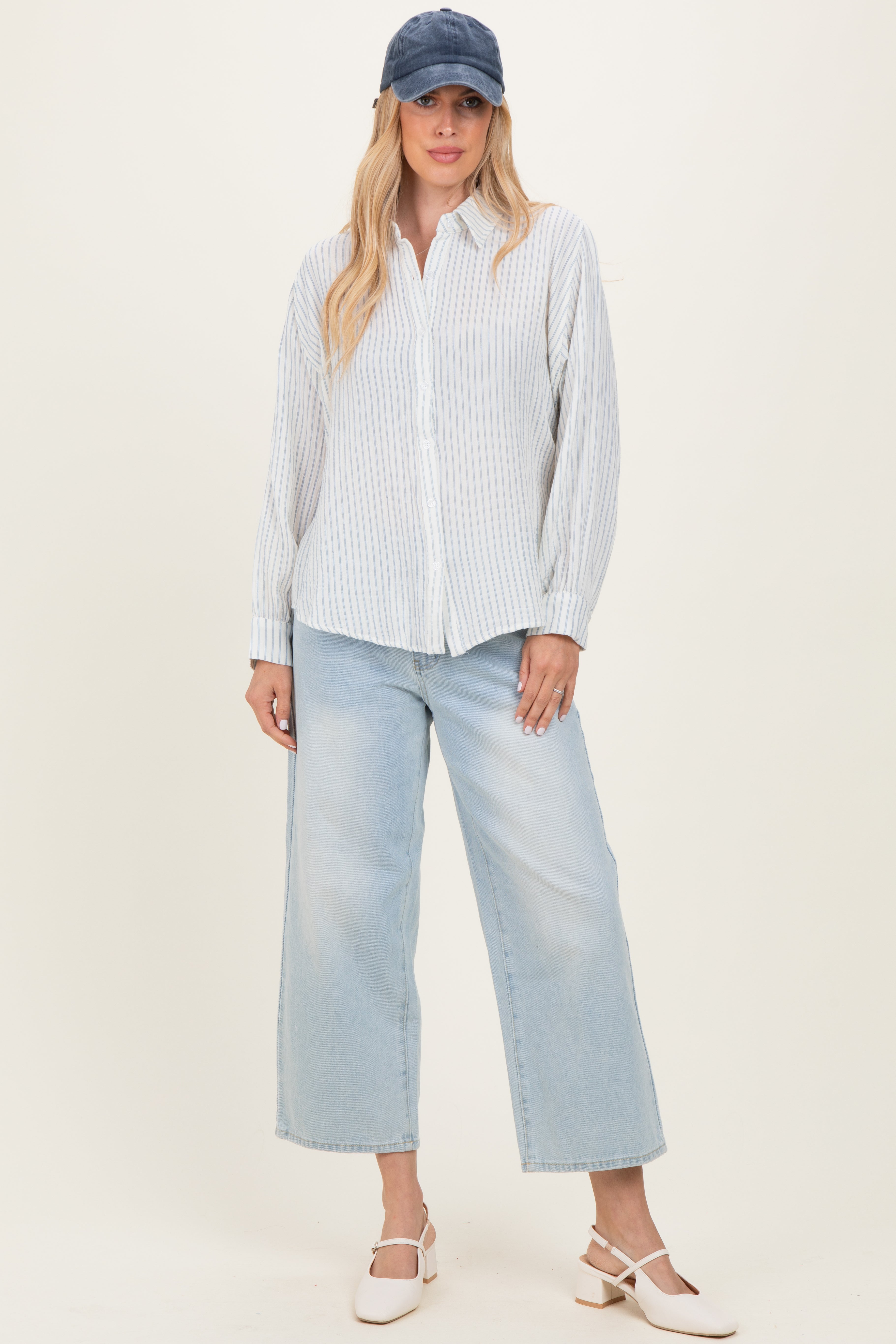 Ivory Striped Cotton Gauze Button Down Shirt