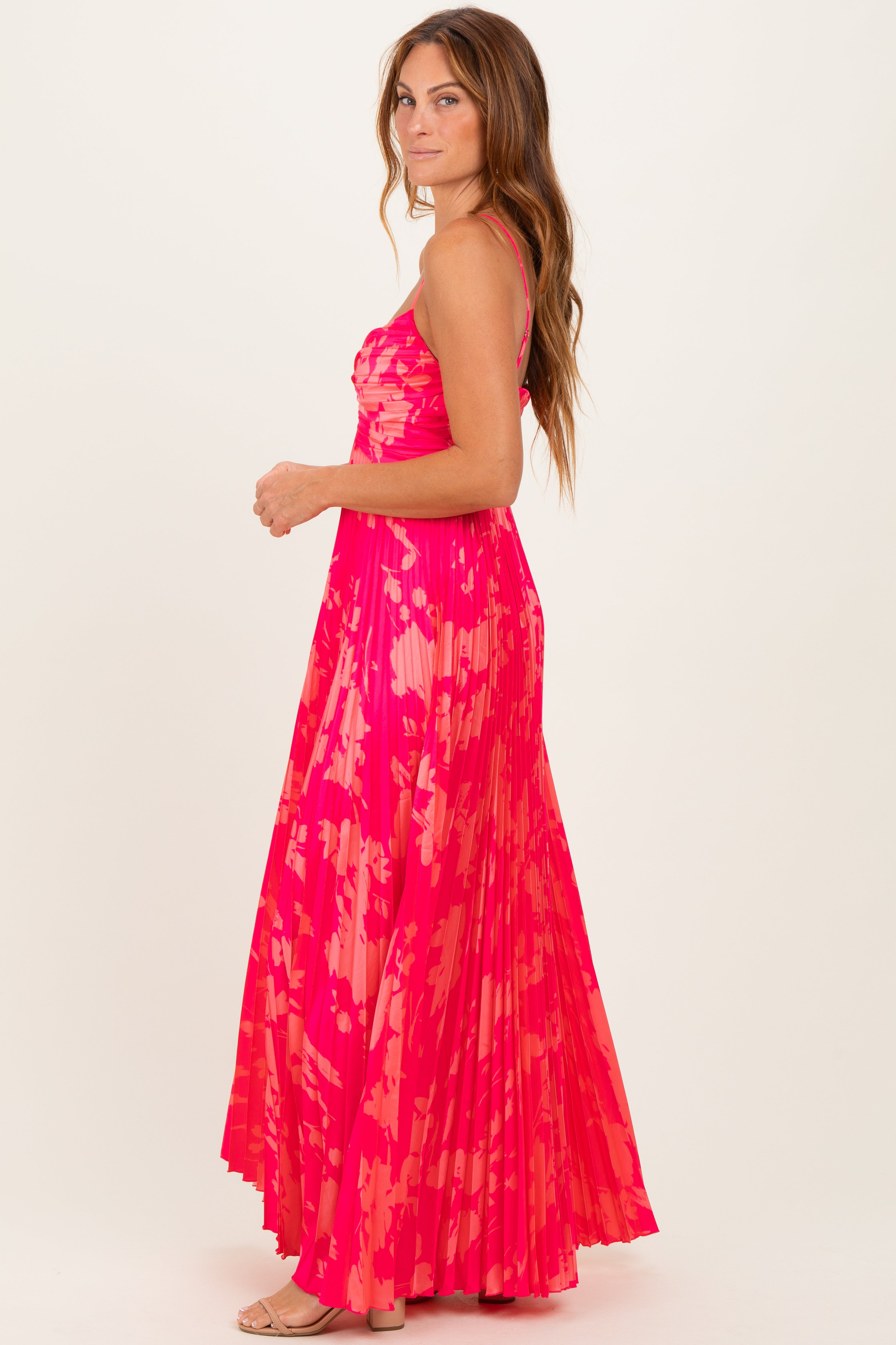 Fuchsia Floral Pleated Satin Maxi Dress