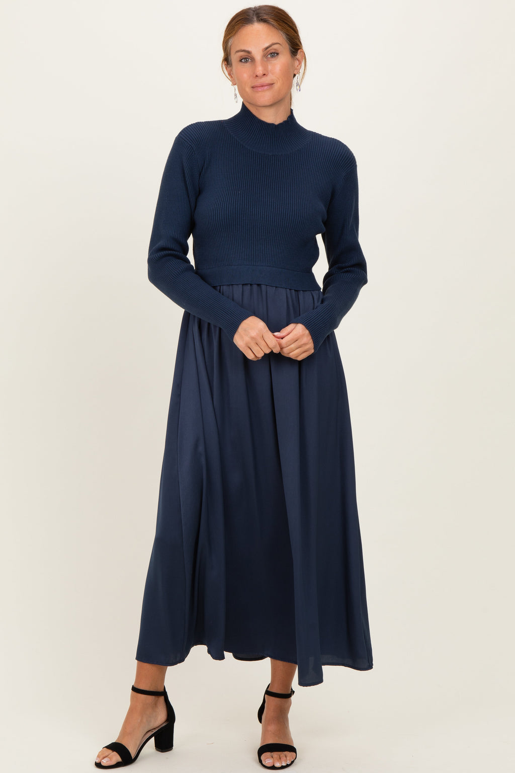 Navy Knit Contrast Top Satin Midi Dress