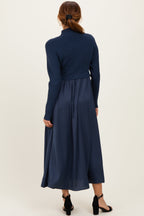 Navy Knit Contrast Top Satin Midi Dress