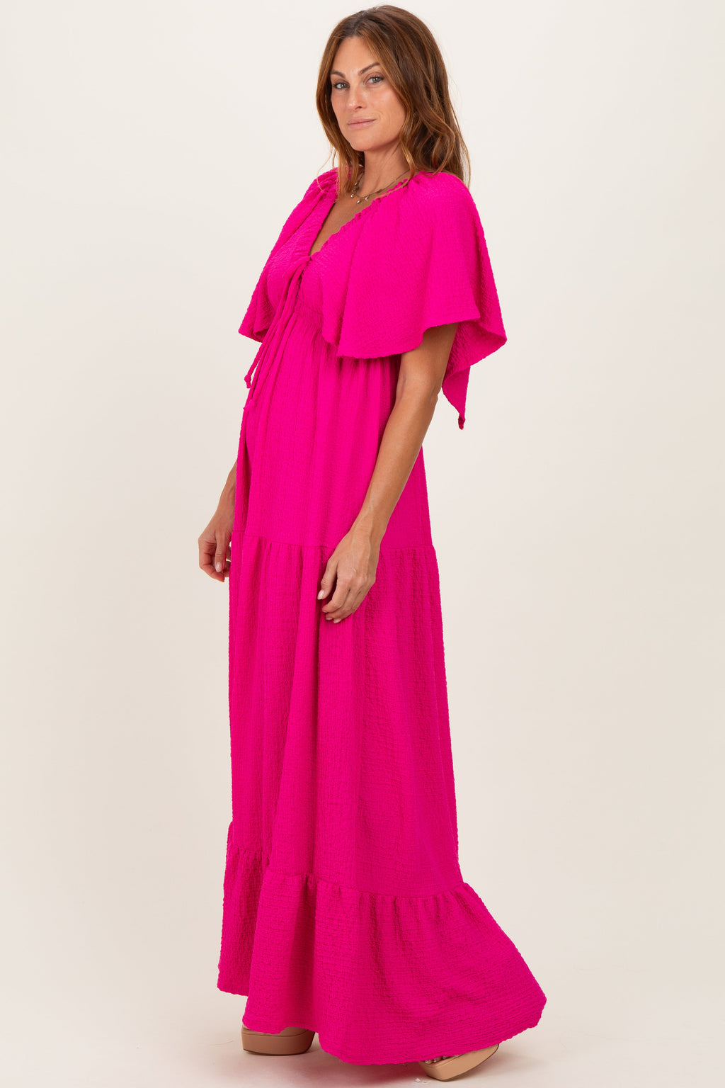 Fuchisa Woven Textured Flutter Sleeve V-Neck Tiered Maxi Dress