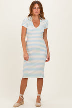 Ivory/ Blue Striped Short Sleeve Collared V-Neck Fitted Midi Dress