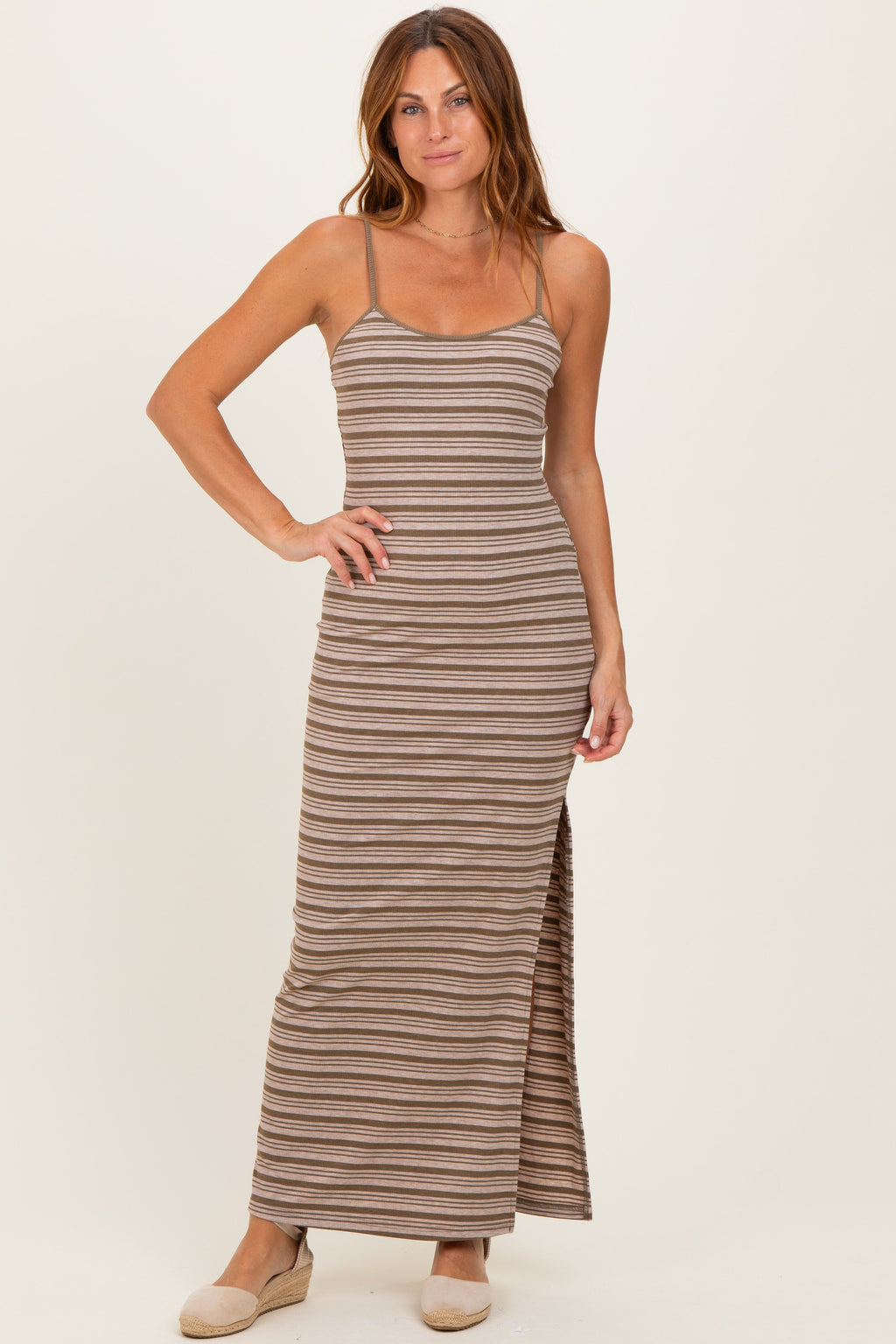 Taupe Striped Ribbed Sleeveless Side Slit Maxi Dress