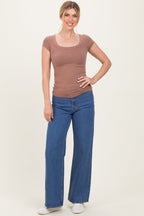 Mocha Ribbed Rounded Square Neck Top