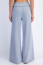 Dusty Blue Mineral Wash Waffle Knit Wide Leg Pants