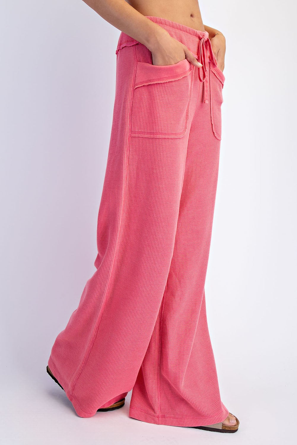 Pink Mineral Wash Waffle Knit Wide Leg Pants