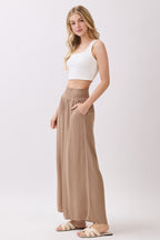 Camel Smocked Waist Ankle Wide Leg Pants