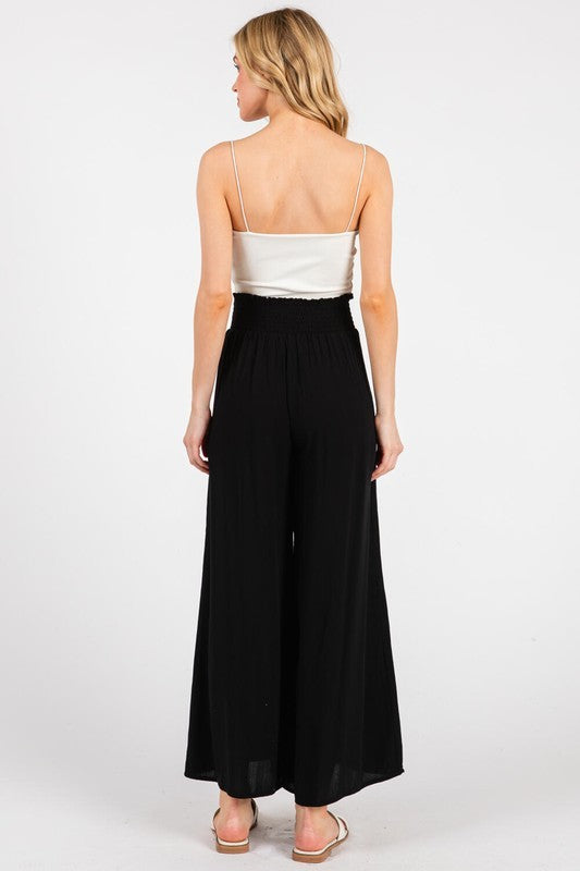 Black Smocked Waist Ankle Wide Leg Pants