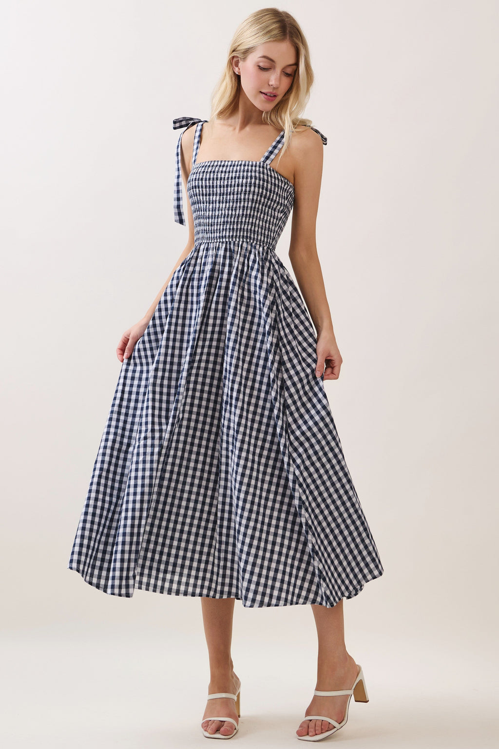Navy Gingham Smocked Shoulder Tie Midi Dress