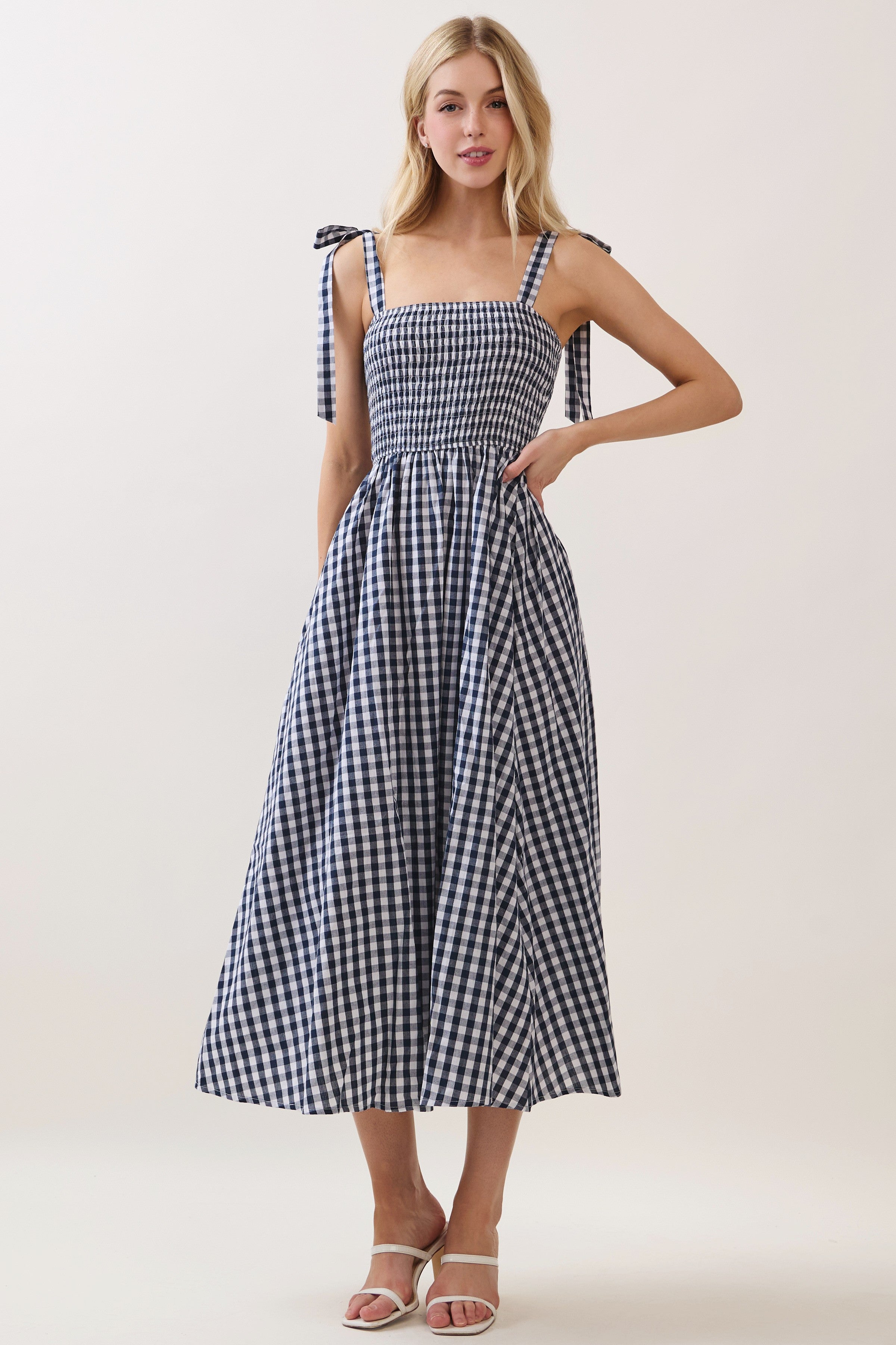 Navy Gingham Smocked Shoulder Tie Midi Dress